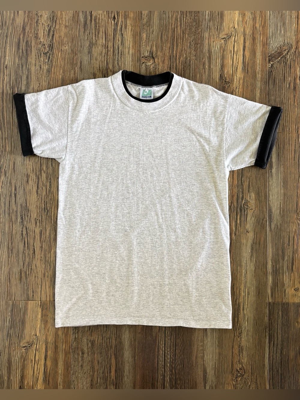 Vtg LA Loving Ringer T-Shirt Size L Crewneck Heather Gray Black Trim 90s Retro